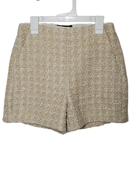 Express Pants - Express High Waisted Tweed Shorts Textured Metallic Gold Cream Size 00 Coquette